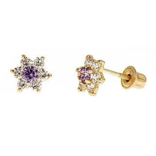 30219 14K YELLOW GOLD FLOWER WITH FUCHSIA CENTER SCREWBACKS