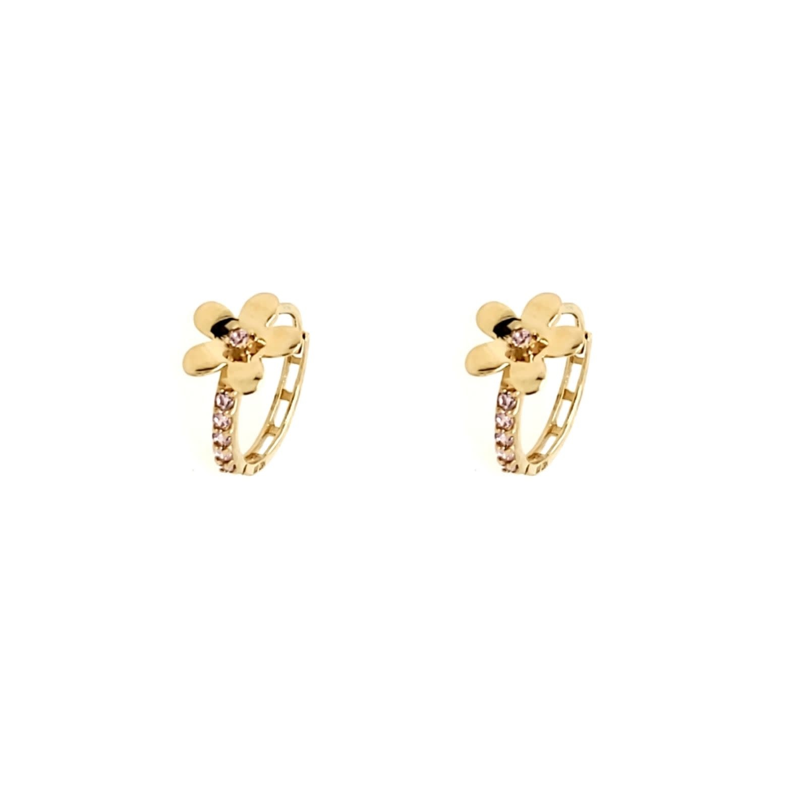 30259 14K YELLOW GOLD HIGH POLISH FLOWER WITH PINK CUBIC ZIRCONIA HUGGIES