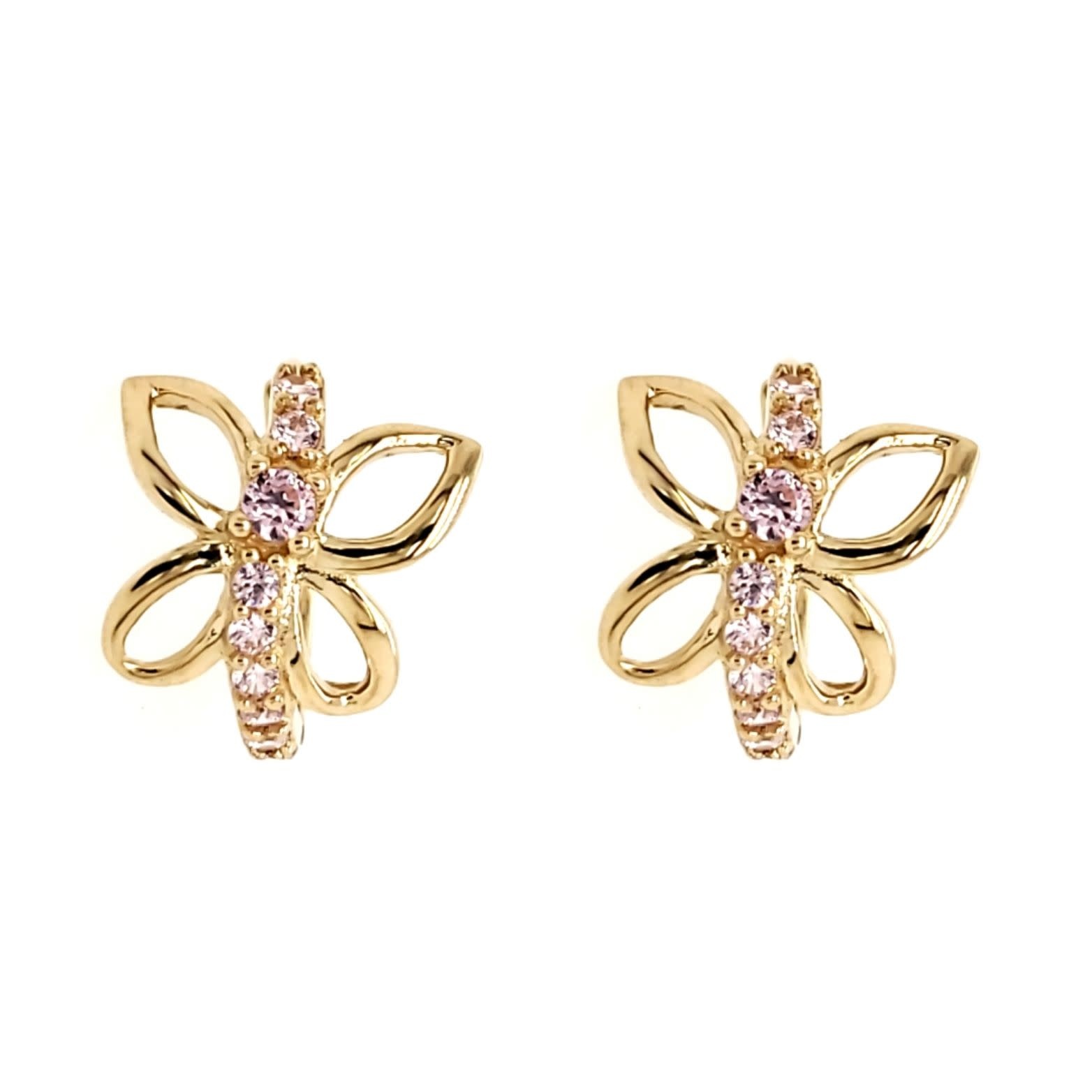 30255 14K YELLOW GOLD OPEN BUTTERFLY WITH PINK CUBIC ZIRCONIA CENTER HUGGIES