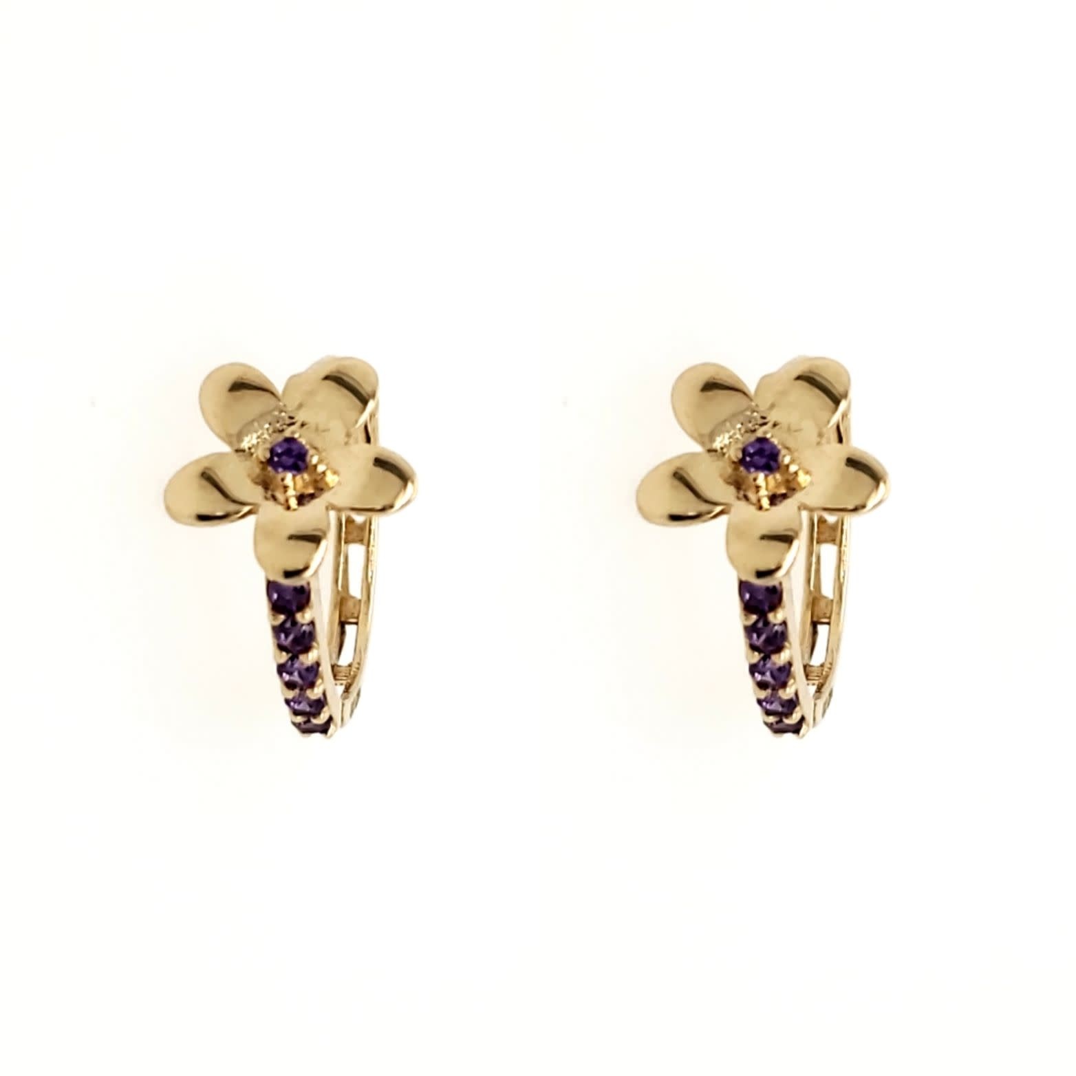 30258 14K YELLOW GOLD HIGH POLISH FLOWER WITH PURPLE CUBIC ZIRCONIA HUGGIES