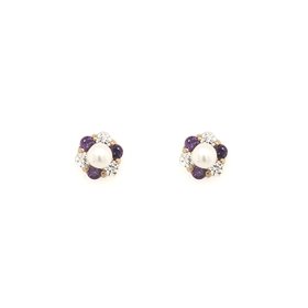 30216  14K YELLOW GOLD PEARL CENTER AND CUBIC ZIRCONIA PURPLE FLOWER HALO SCREWBACKS