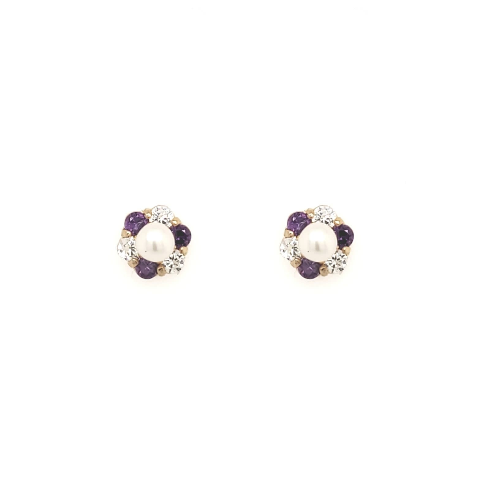 30216 14K YELLOW GOLD PEARL CENTER AND CUBIC ZIRCONIA PURPLE FLOWER HALO SCREWBACKS