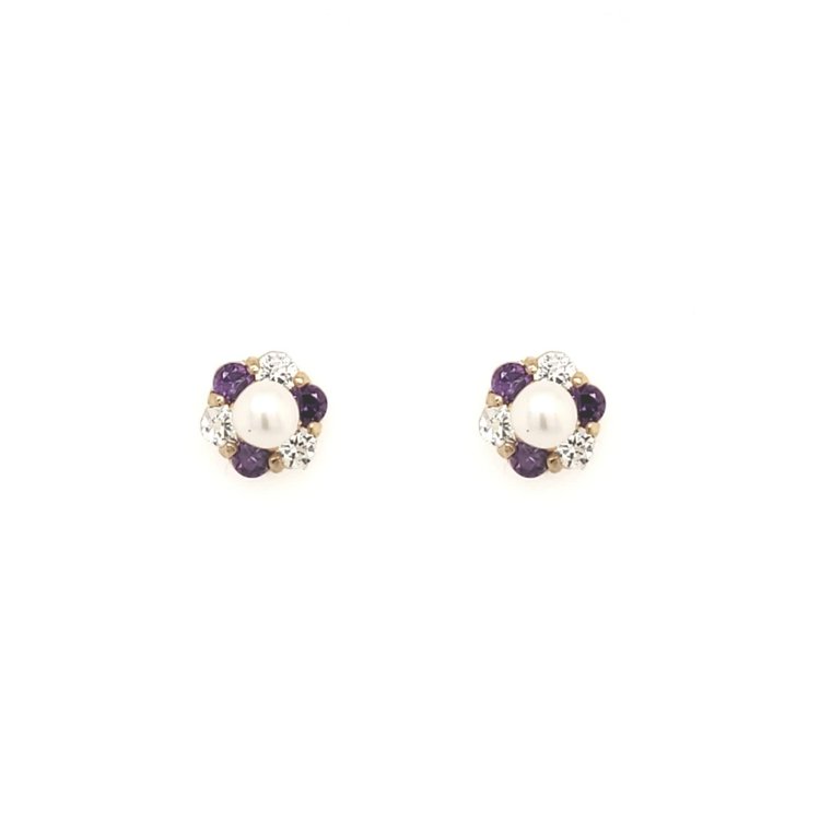 30216  14K YELLOW GOLD PEARL CENTER AND CUBIC ZIRCONIA PURPLE FLOWER HALO SCREWBACKS