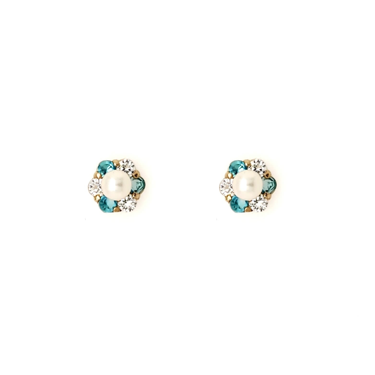 30213 14K YELLOW GOLD PEARL CENTER AND BLUE WHITE CUBIC ZIRCONIA HALO FLOWER SCREWBACKS