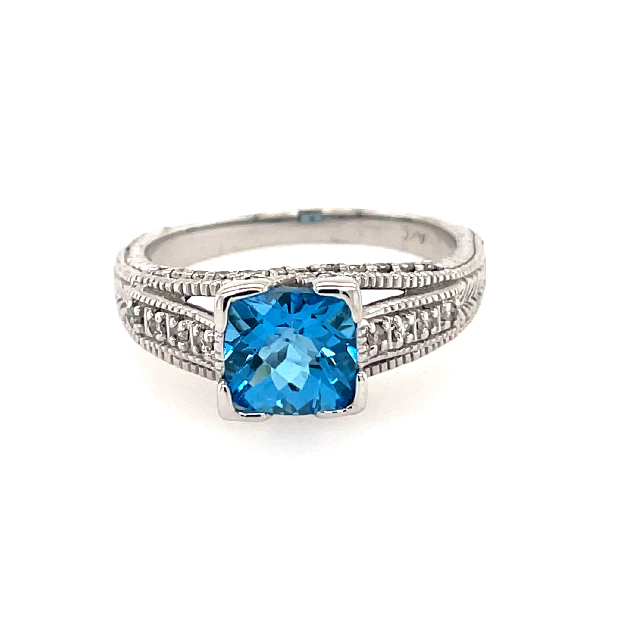 40697 14K WHITE GOLD MULTI FACETED BLUE TOPAZ/ .40CT DIAMOND RING
