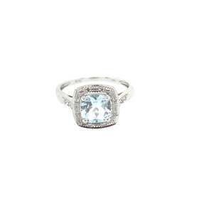 40422 14K WHITE GOLD AQUAMARINE WITH .05CT DIAMOND HALO RING