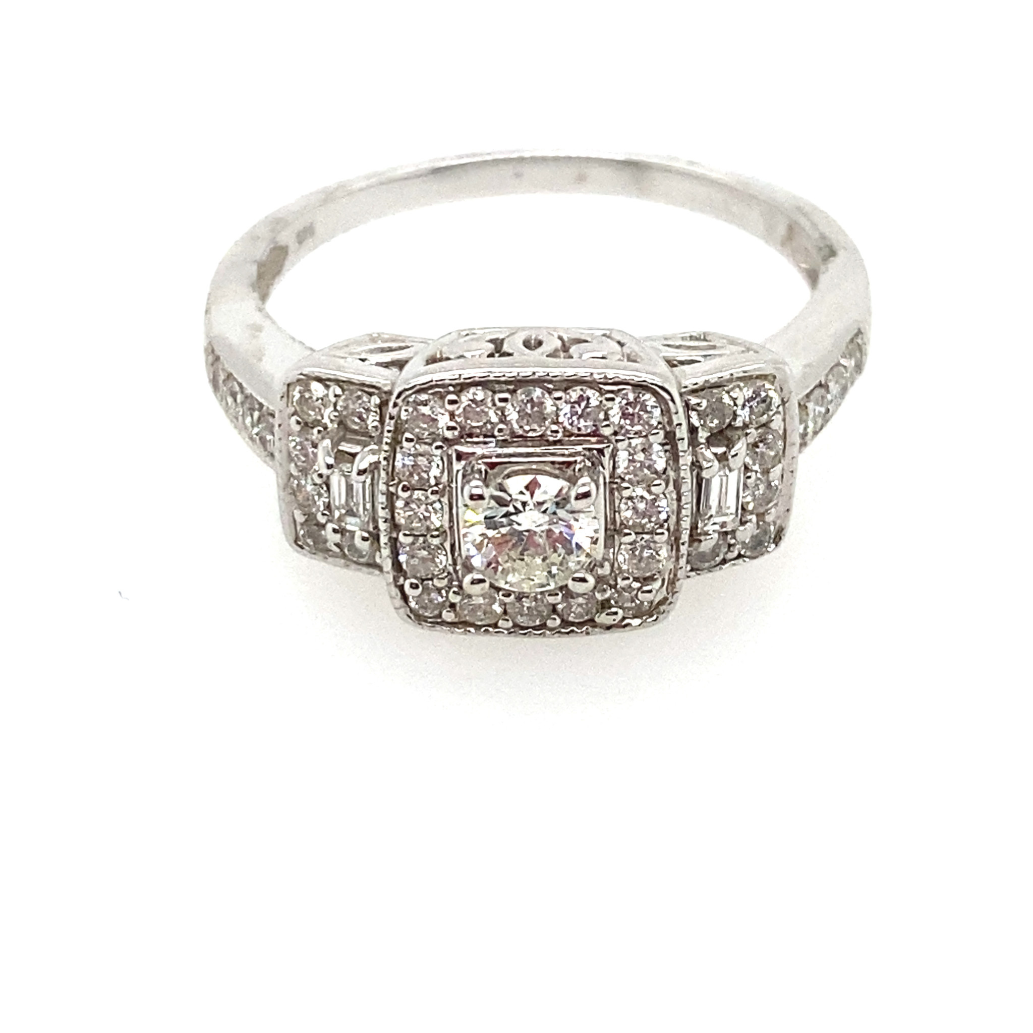 40880 14K. WHITE GOLD DIAMOND PAST/PRESENT/FUTURE HALO RING