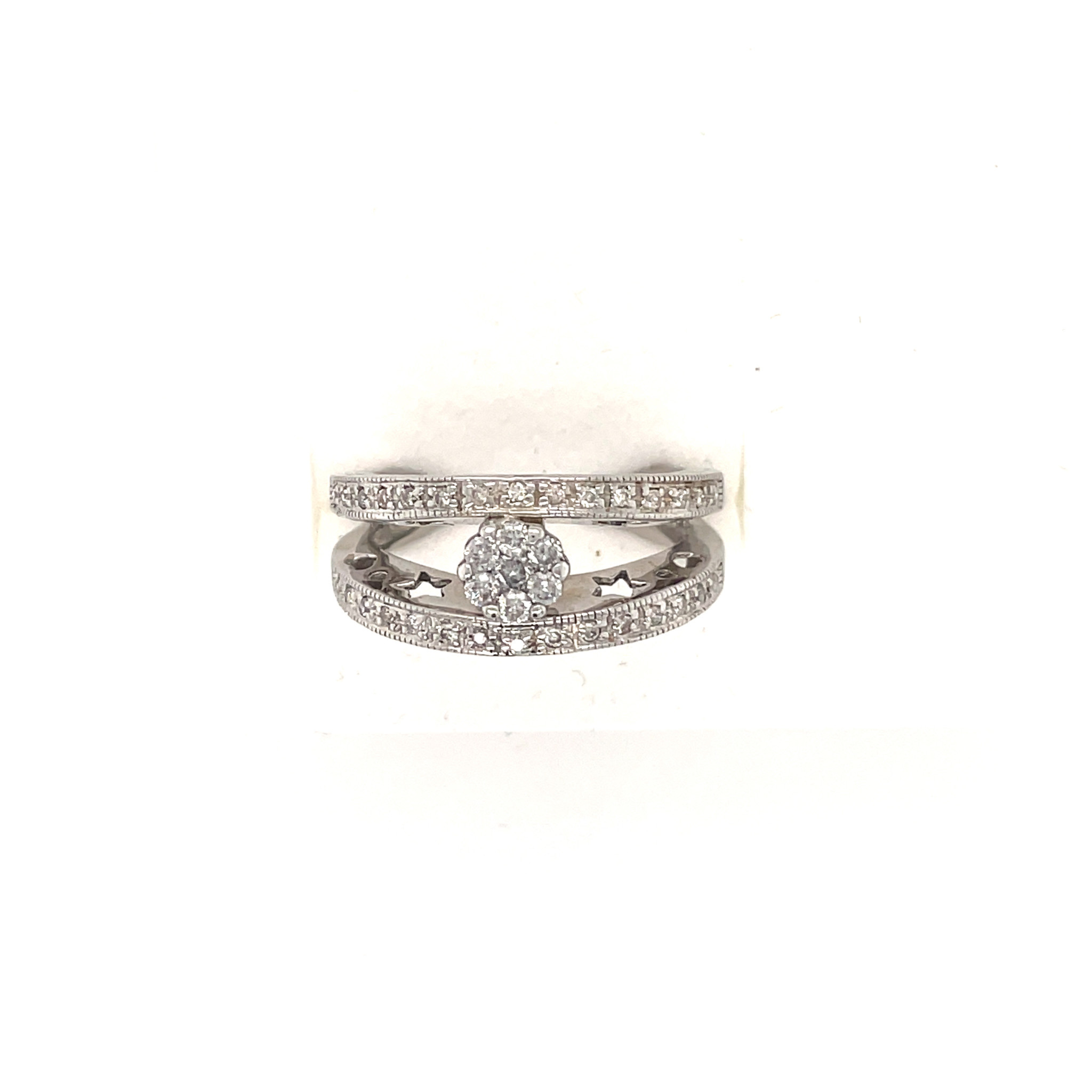 40819 14K. WHITE GOLD DIAMOND CLUSTER WITH DOUBLE OPEN SHANK CLUSTER RING