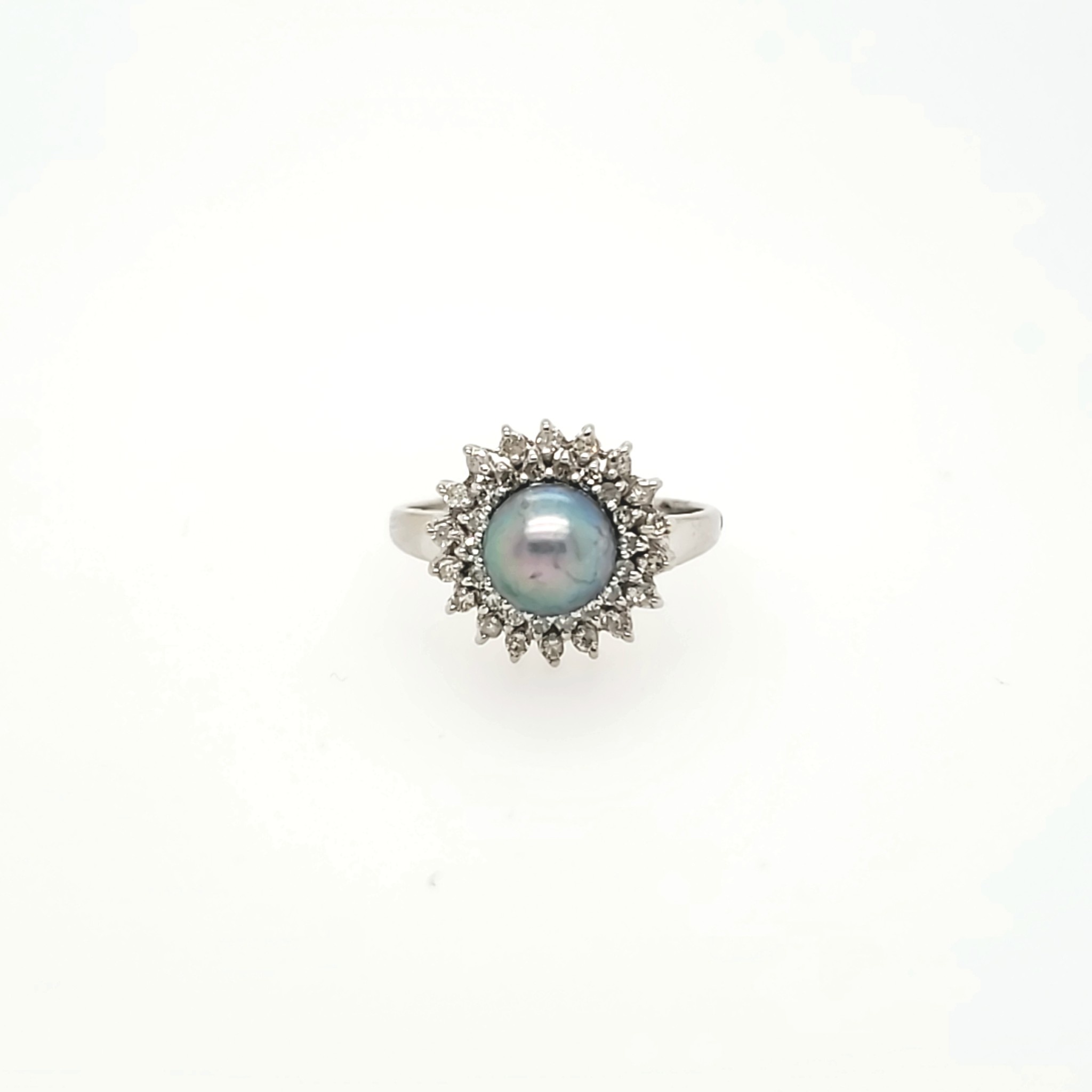 40017 14K WHITE GOLD .30TCW DIAMOND HALO FLOWER DESIGN WITH PEARL CENTER RING