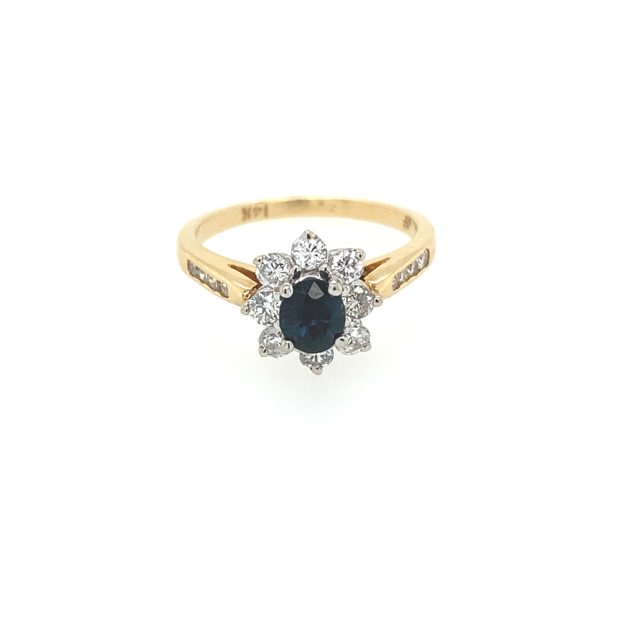 40276 14K. YELLOW GOLD .40CT DIAMOND AND SAPPHIRE FLORAL CLUSTER HALO RING