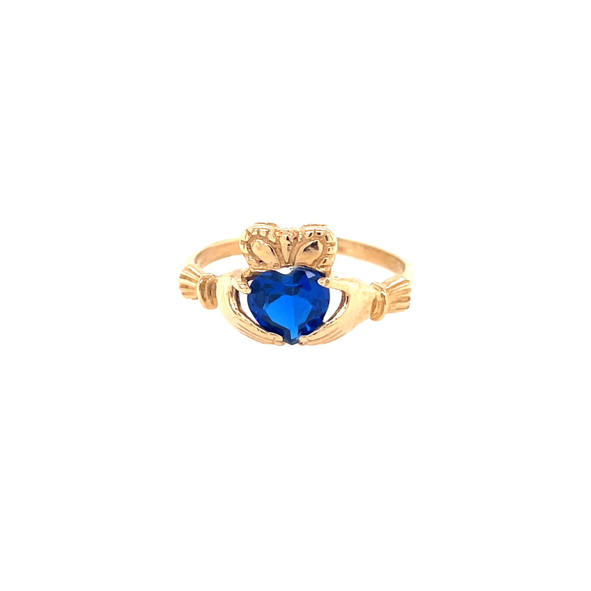 40916 14K. YELLOW GOLD SYNTHETIC SAPHIRE CLADDAGH RING