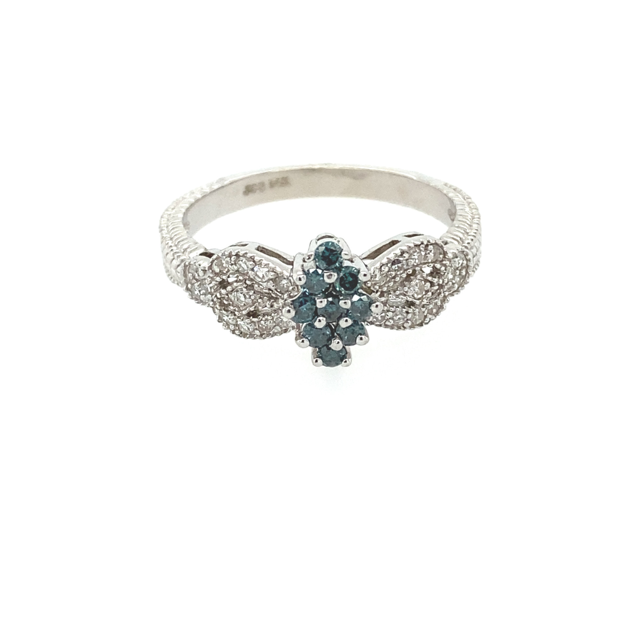 40294 14K. WHITE GOLD .40CT BLUE AND WHITE DIAMOND ANTIQUE STYLE RING