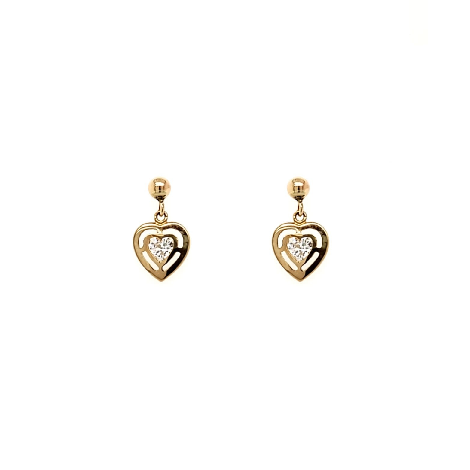 32239 14K YELLOW GOLD CUBIC ZIRCONIA HANGING HEART HUGGIES