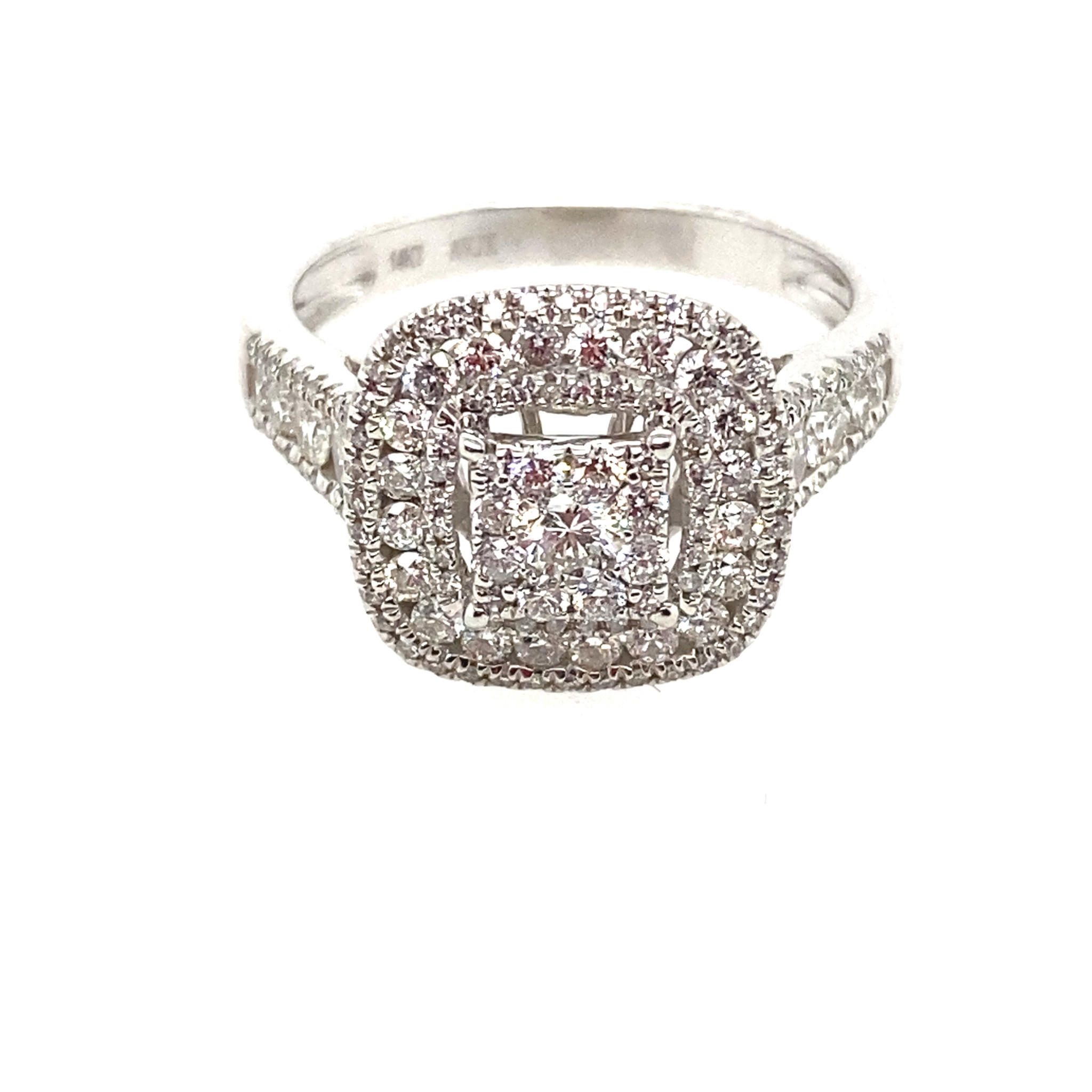 40859 14K. WHITE GOLD 1CT DIAMOND SQUARE PAVE DOUBLE HALO RING