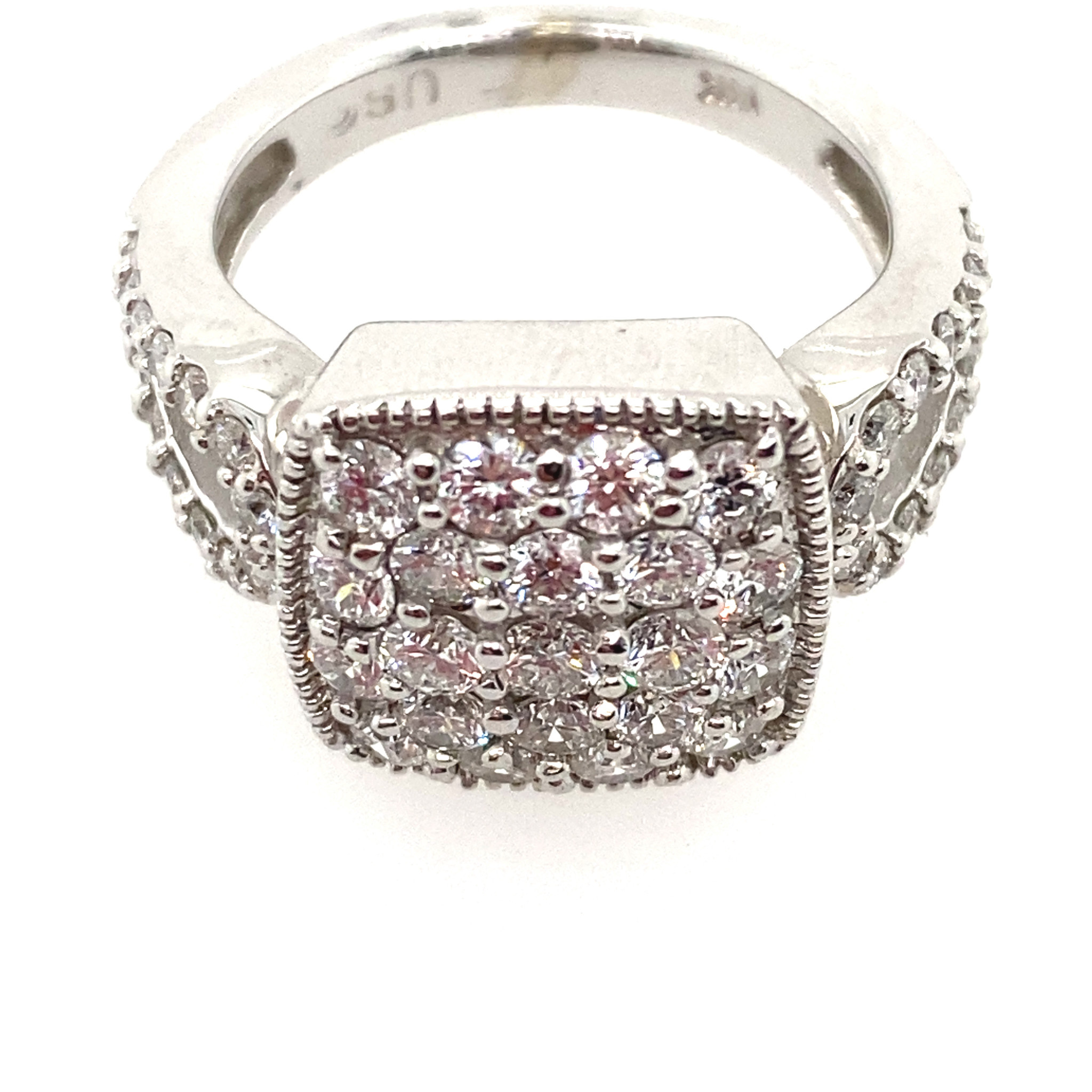 40923 14K WHITE GOLD 2CT DIAMOND CUSHION SHAPE MILIGRAIN BORDER RING