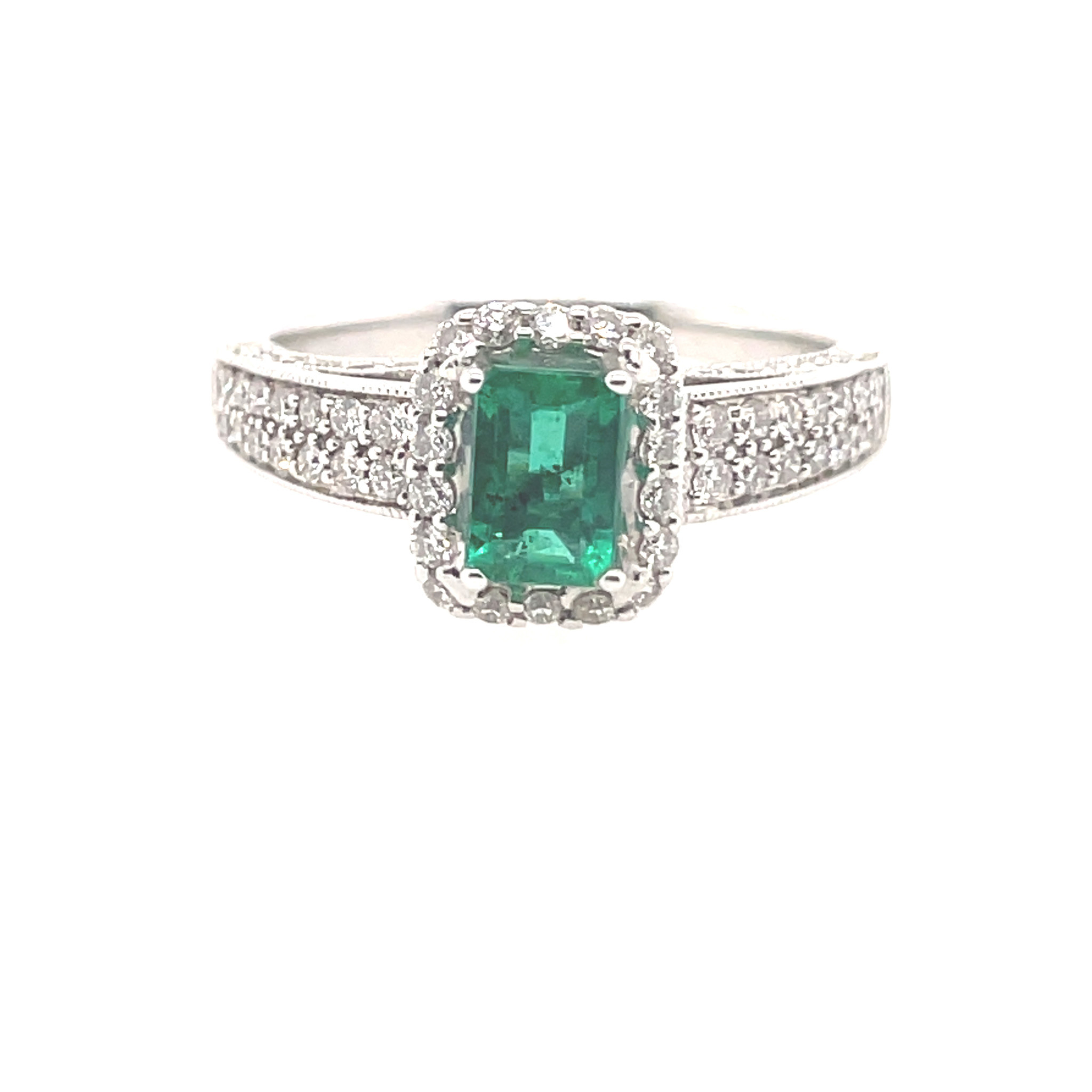 475504 18K WHITE GOLD .58CT EMERALD WITH .62CT DIAMOND HALO RING