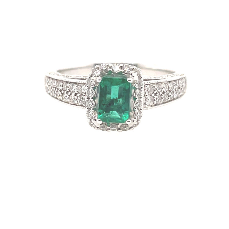 475504 18K WHITE GOLD .58CT EMERALD WITH .62CT DIAMOND HALO RING