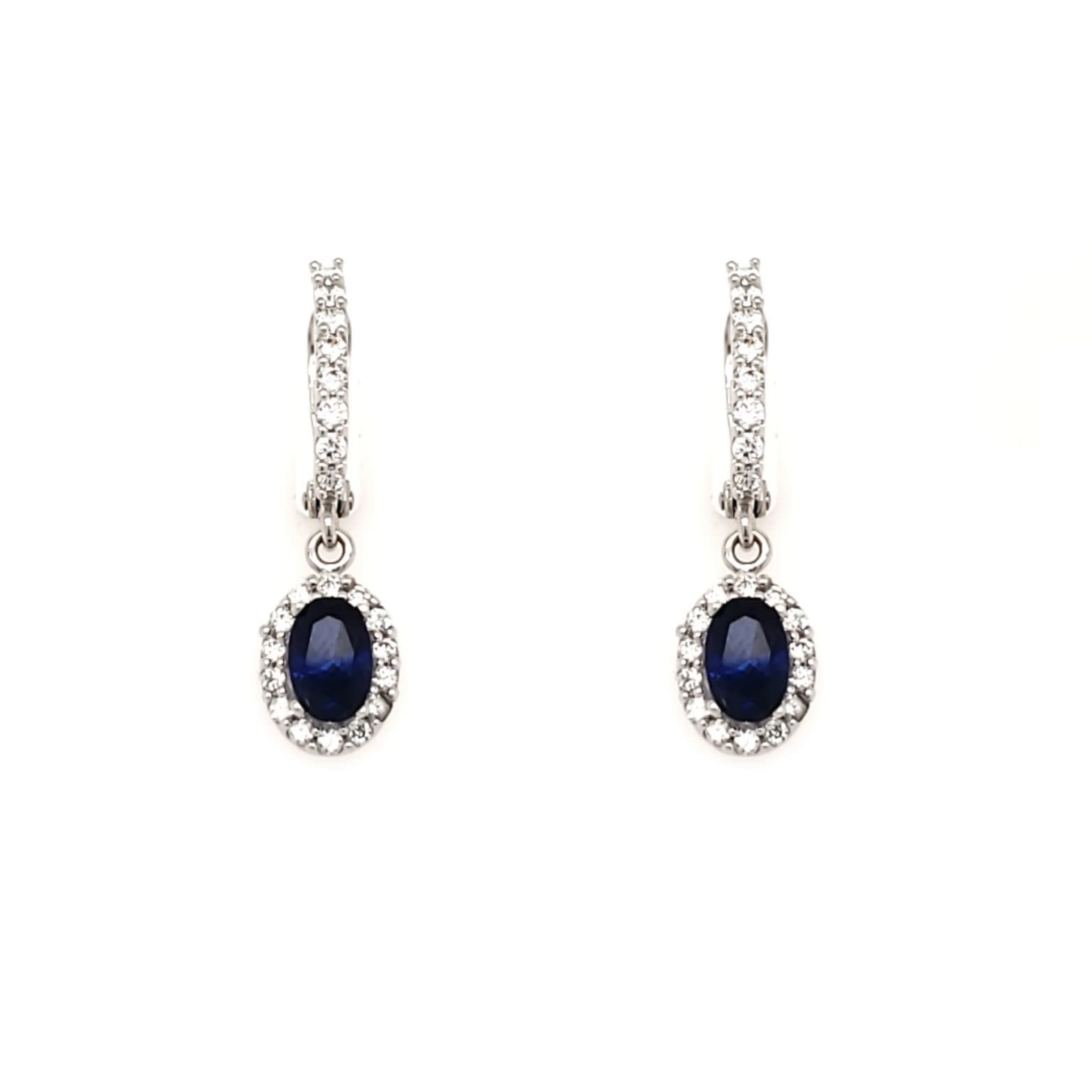 30291 18K WHITE GOLD CUBIC ZIRCONIA SAPHIRE HALO HANGING EARRINGS