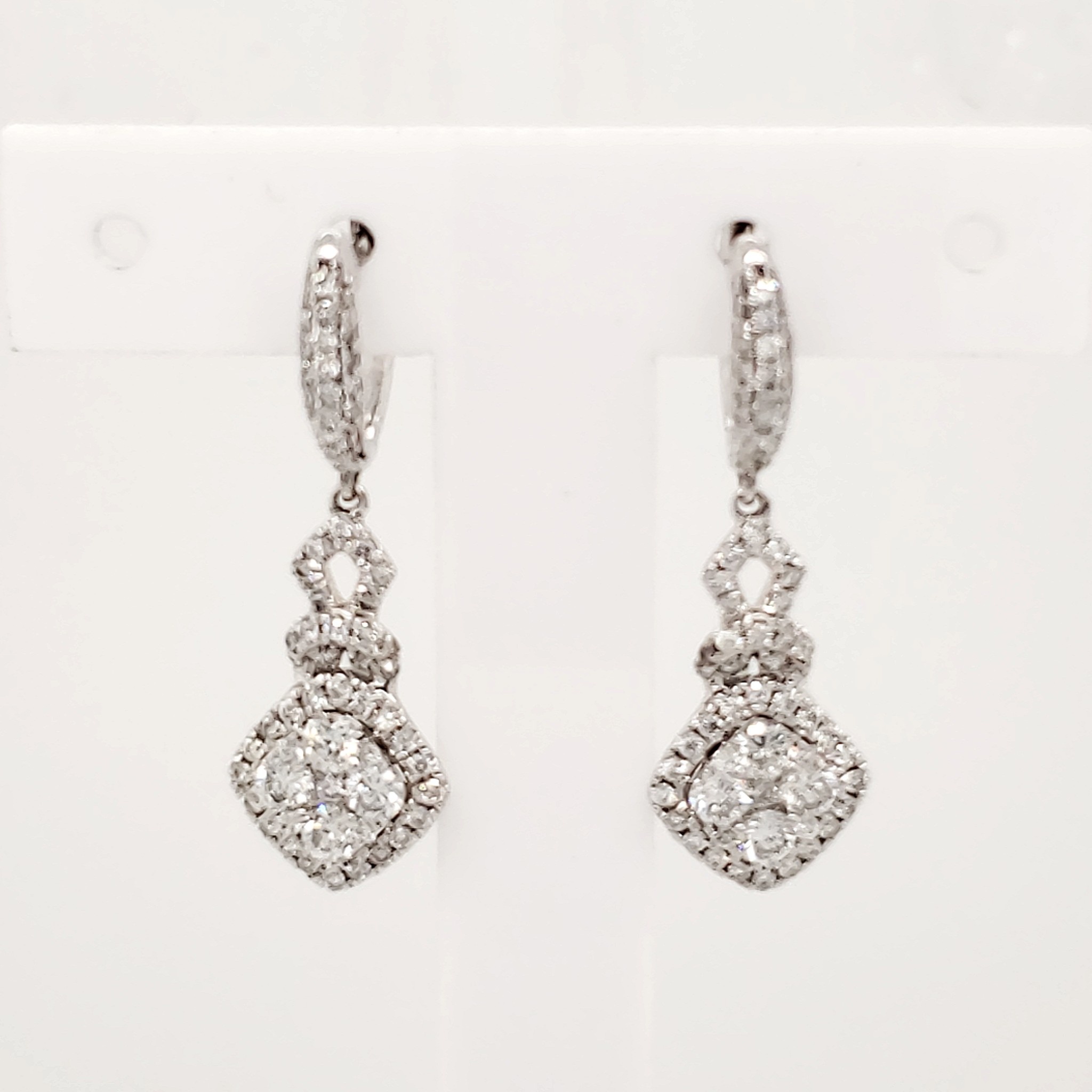 14K. WHITE GOLD 1.29CT DIAMOND SQUARE HALO CLUSTER DROP EARRINGS