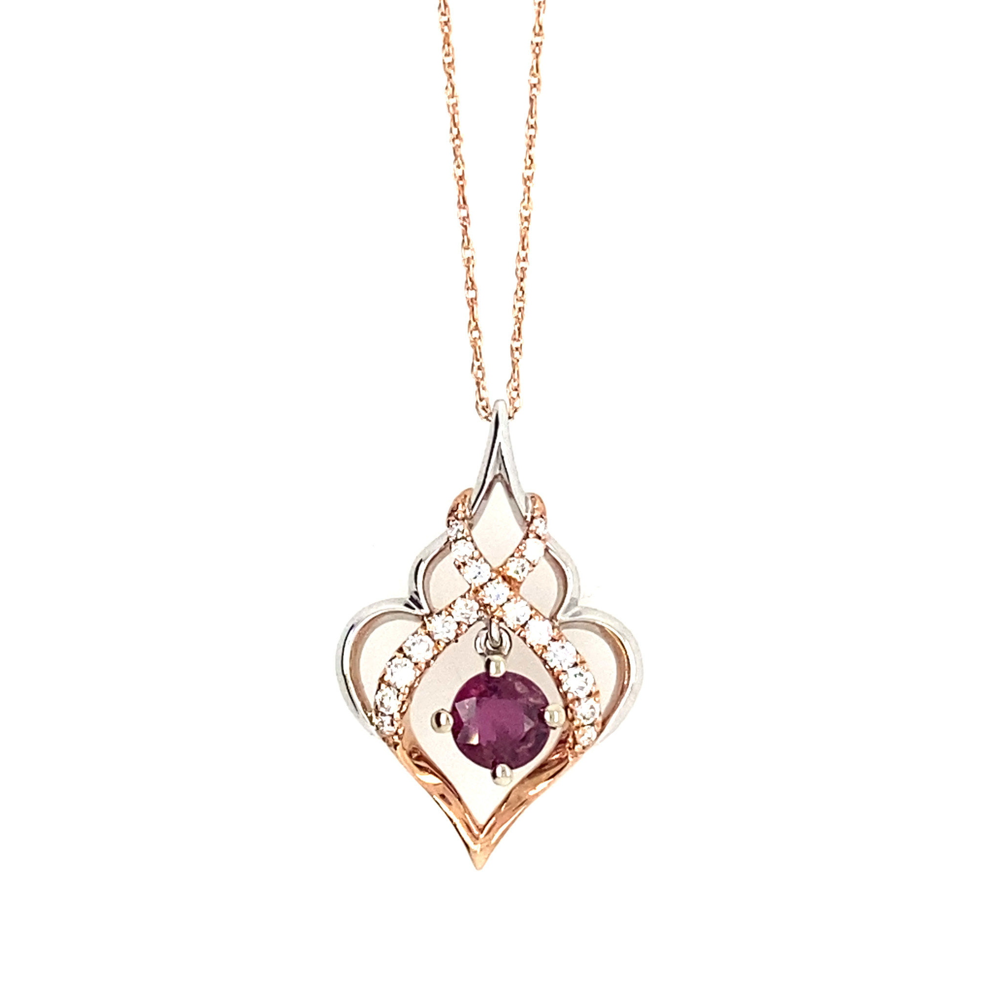 71220 14K TWO-TONE .21CT DANCING DIAMOND FANCYON 18" ROSE GOLD R8 CHAIN PENDANT
