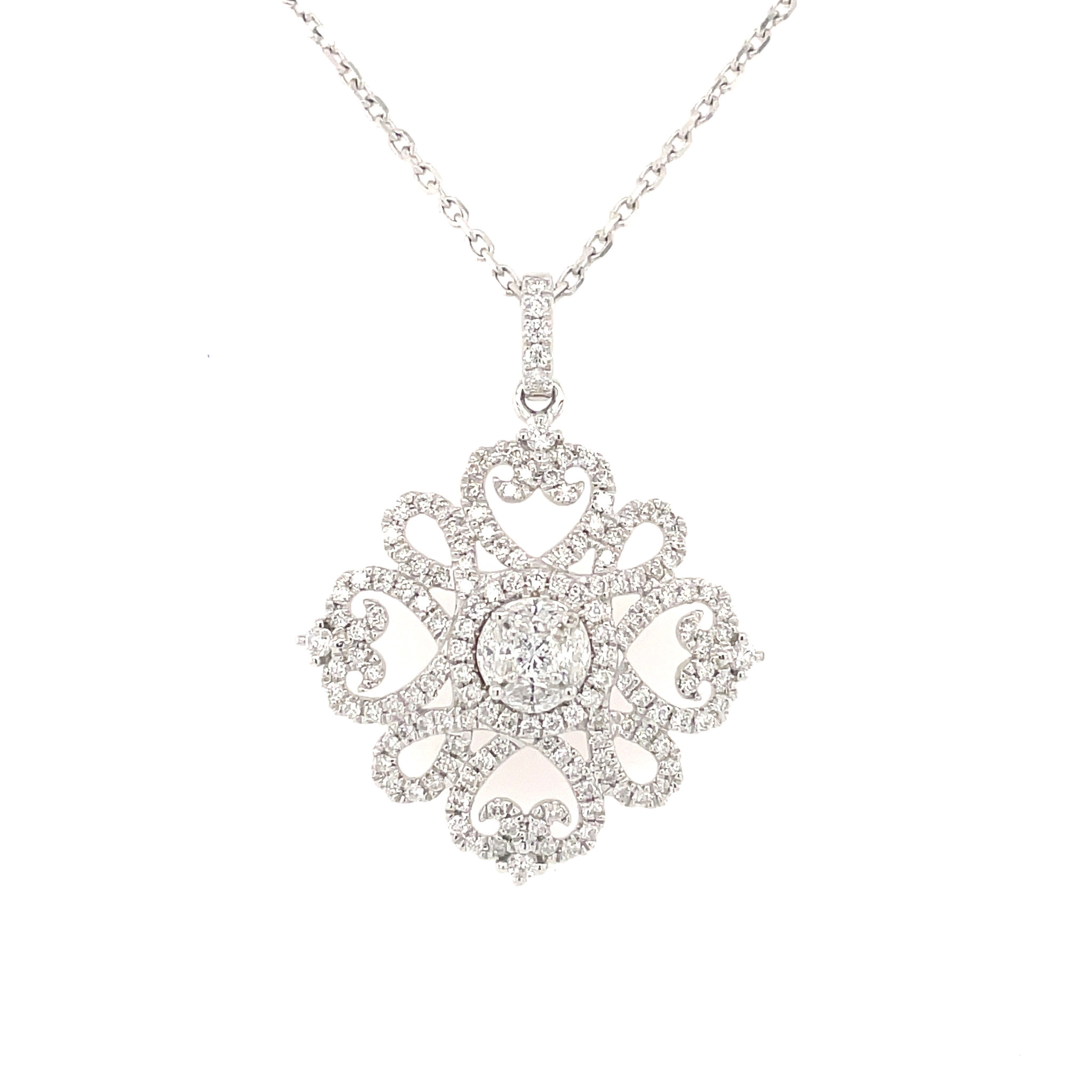 71206 18K. WHITE GOLD .75CT DIAMOND ANTIQUE STYLE FLORAL PENDANT