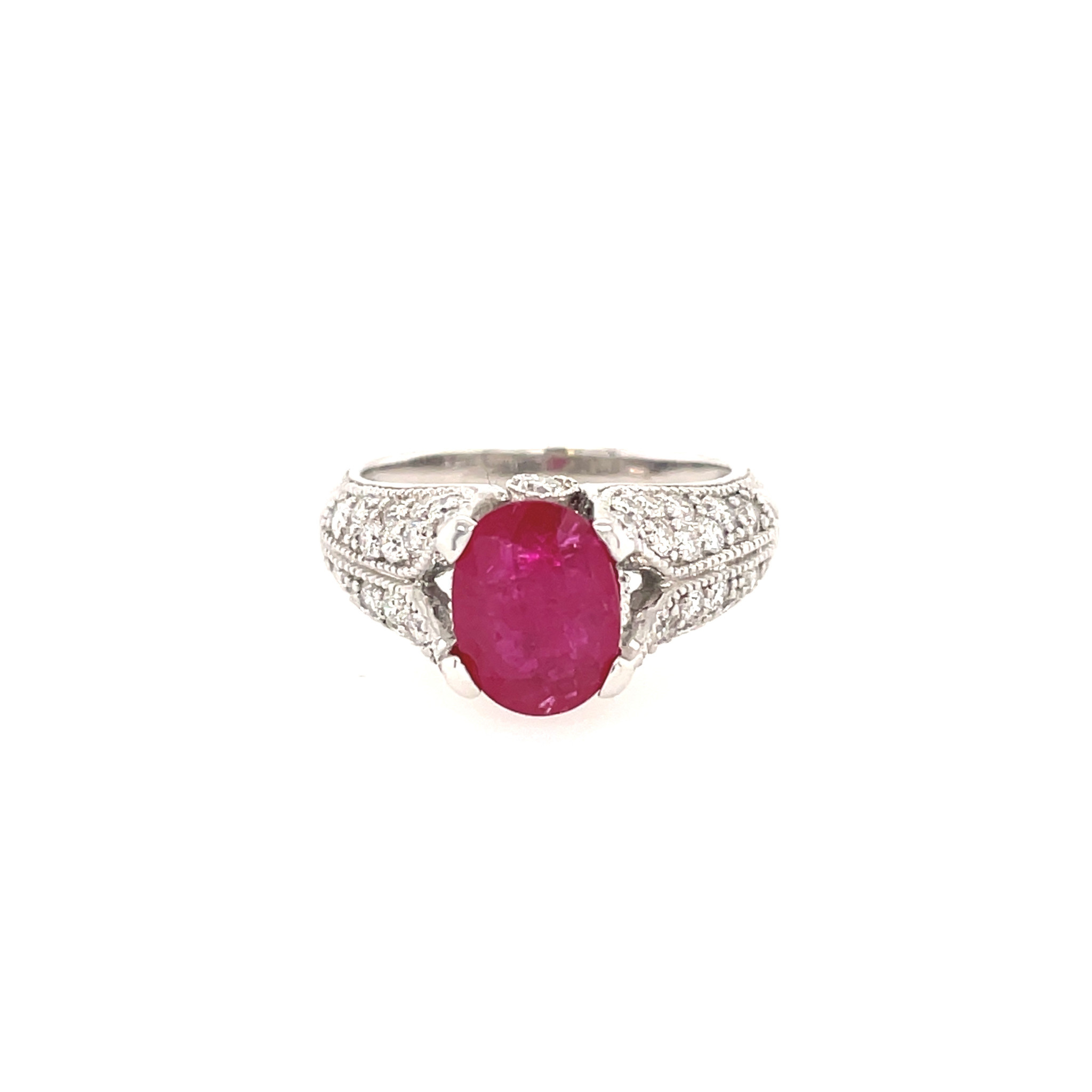 40852 14K. WHITE GOLD 2CT. OVAL RUBY WITH .61CT PAVE DIAMOND BAND