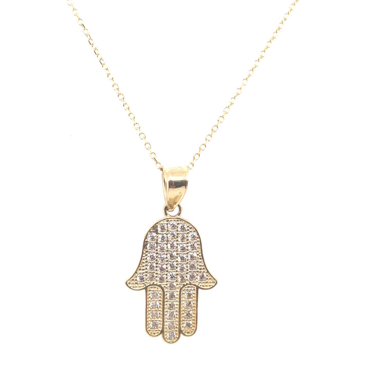 70007 14K YELLOW GOLD CUBIC ZIRCONIA PAVE SET HAMSA HAND ON 18" CABLE CHAIN PENDANT SET