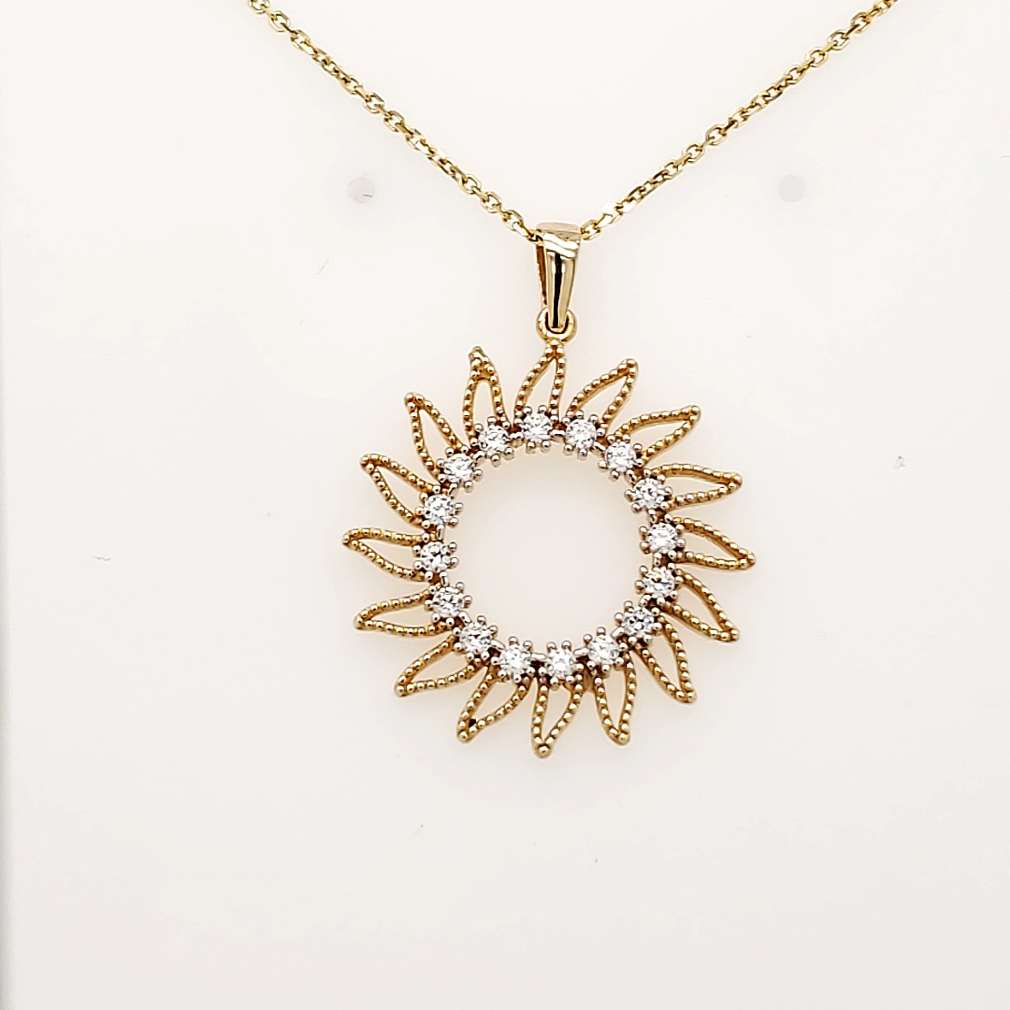 70009 14K YELLOW GOLD MILIGRAIN DESIGN OPEN CUTOUT CUBIC ZIRCONIA SUN PENDANT SET