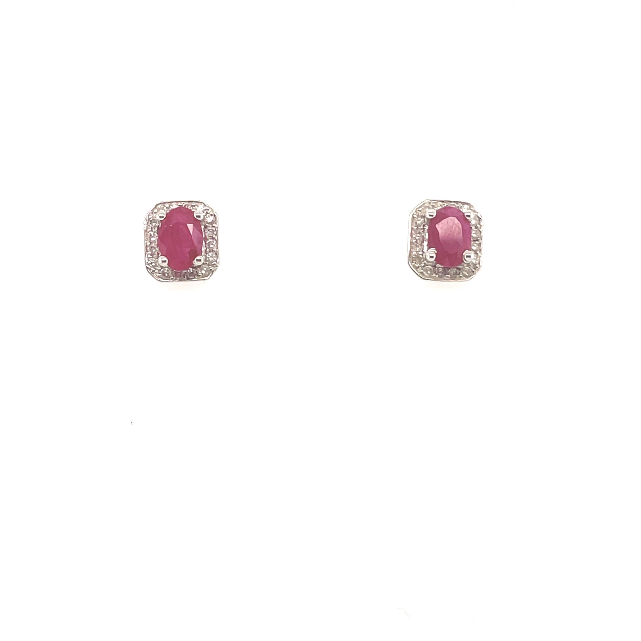 32089 14K WHITE GOLD .25TCW DIAMOND HALO AND OVAL RUBY CENTER STUDS