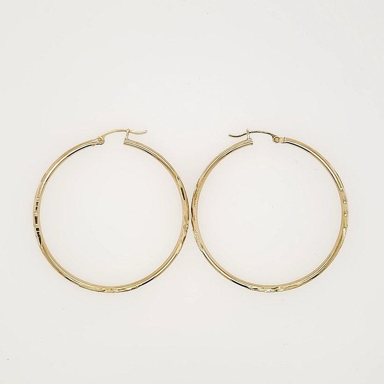 30315 14K. YELLOW GOLD LARGE HIGH POLISHED HOOPS WITH SATIN DESIGN