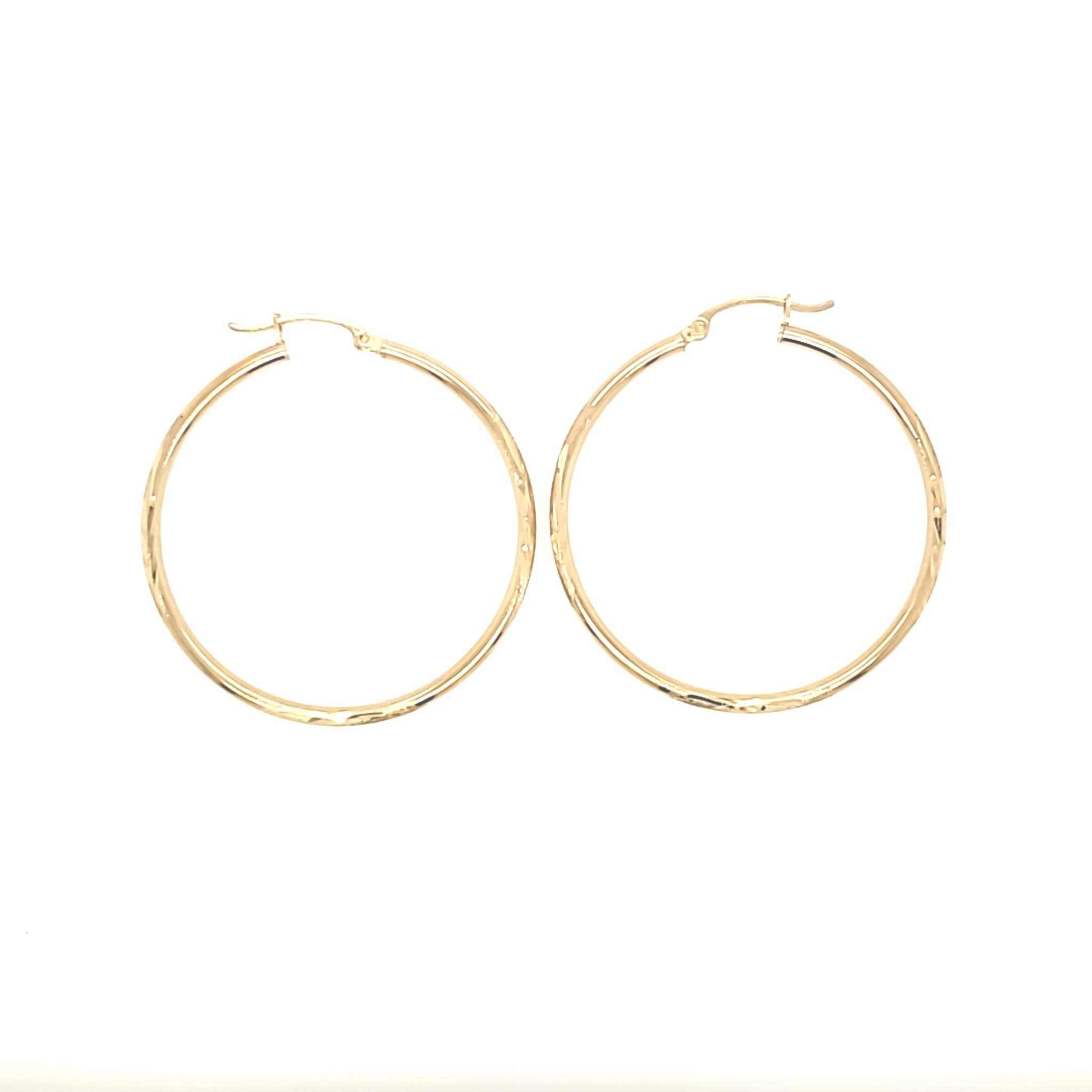 30317 14K YELLOW GOLD 1.5"- 2MM HIGH POLISHED HOOPS WITH SATIN DESIGN