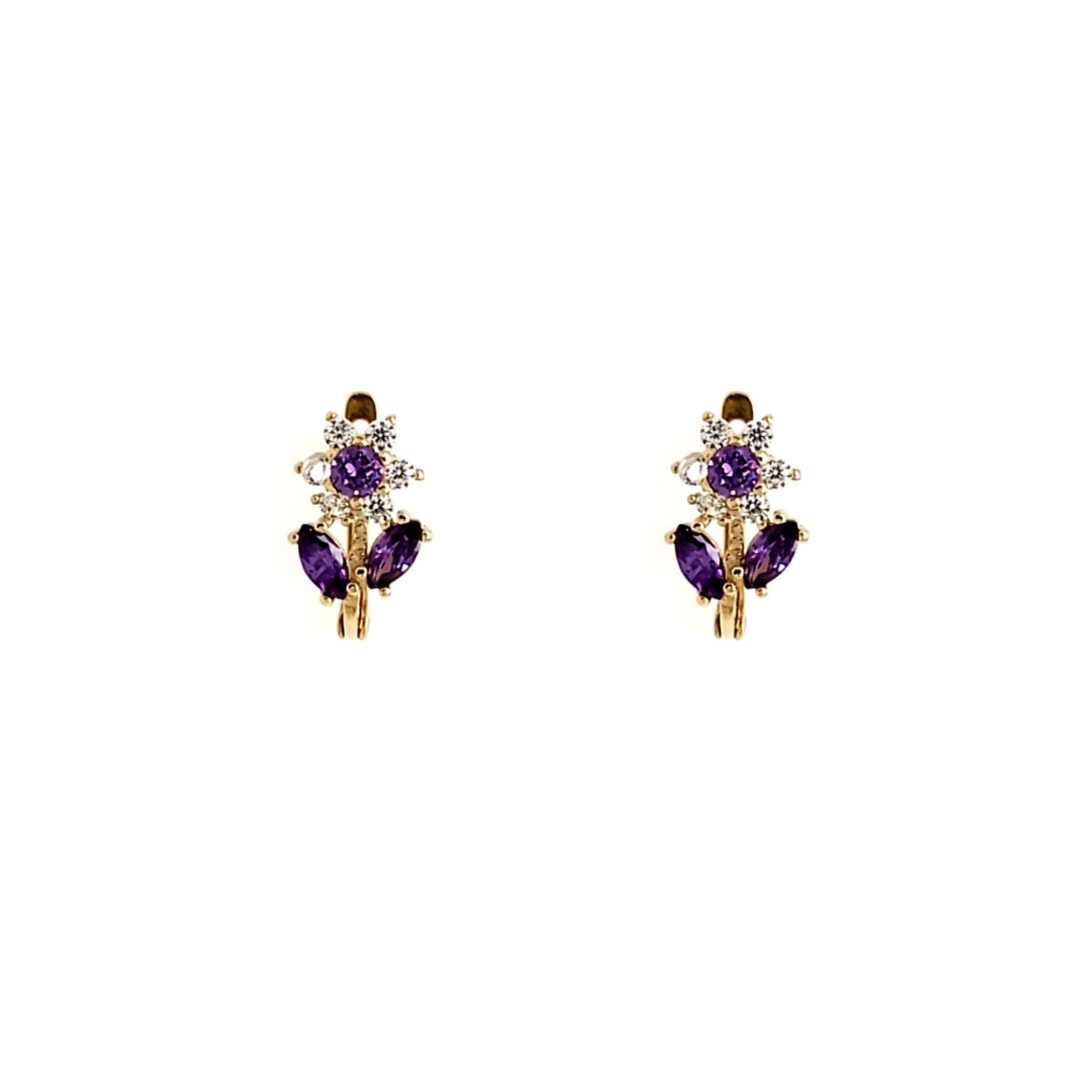 30322 14K YELLOW GOLD FLOWER WITH STEM PURPLE CUBIC ZIRCONIA LEAVER BACK EARRINGS