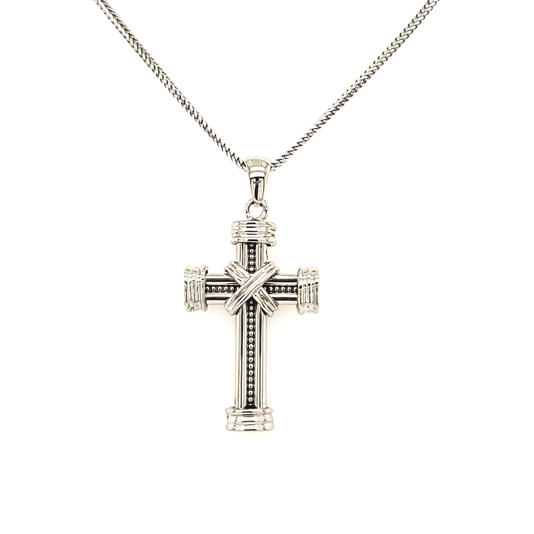 70090 18K WHITE GOLD FANCY DIAMOND CROSS WITH BOXED WHEAT CHAIN