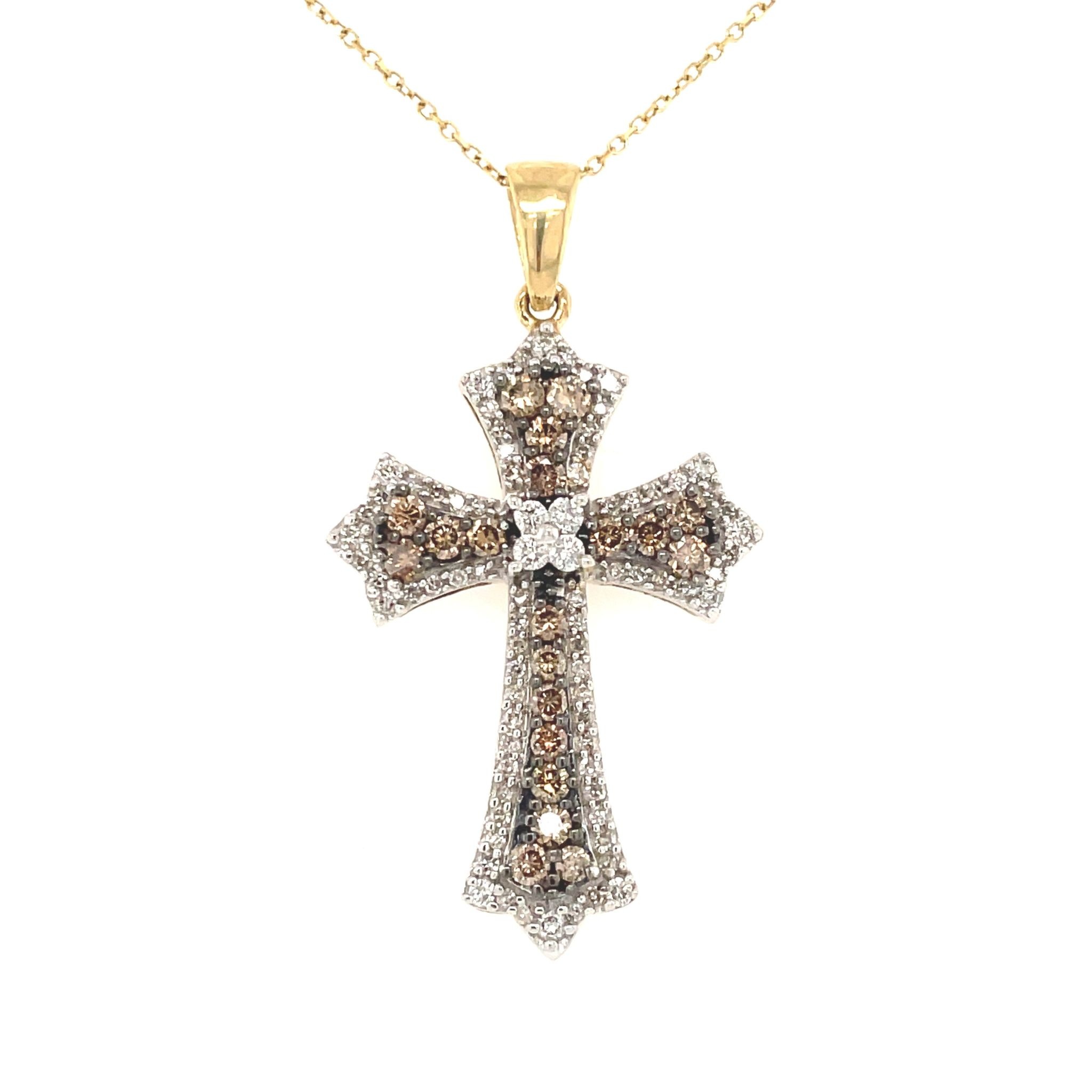 70896 14K YELLOW GOLD WHITE AND CHAMPAGNE DIAMOND FLARED CROSS SET