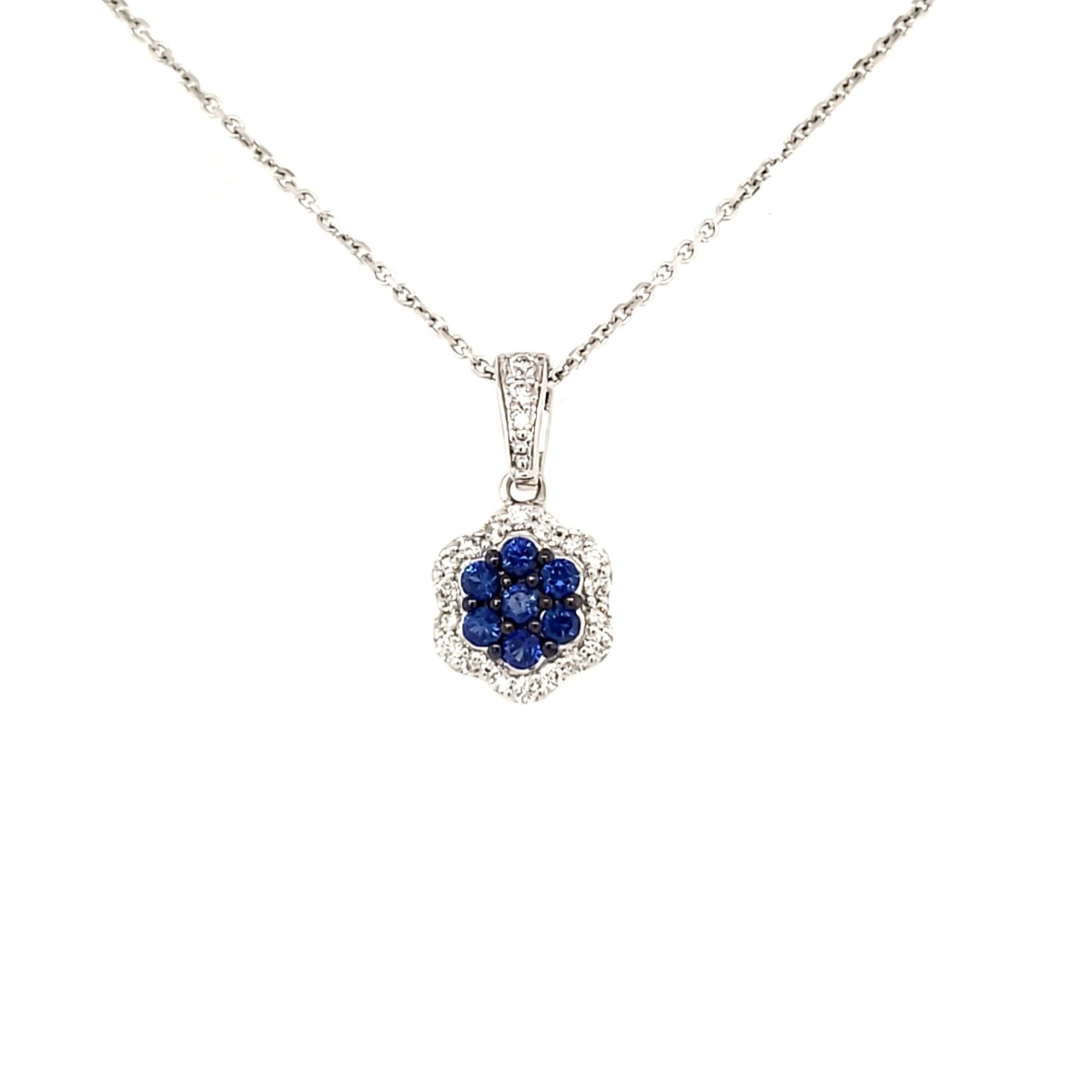 71261 14K WHITE GOLD DIAMOND AND BLUE SAPPHIRE CLUSTER FLOWER PENDENT
