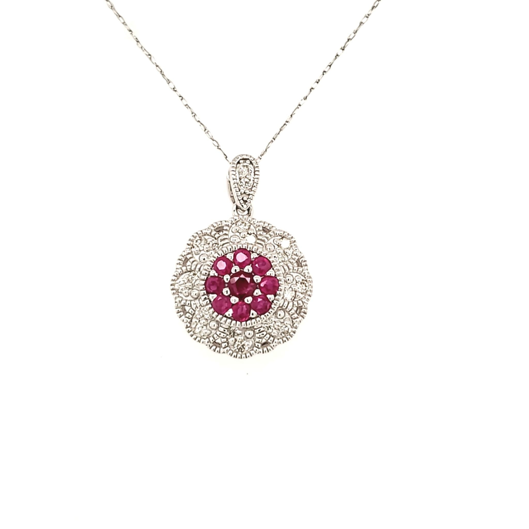 71298 14K WHITE GOLD .27CT DIAMOND HALO WITH RUBY FANCY BEADED CLUSTER ON 18" R8 CHAIN PENDANT