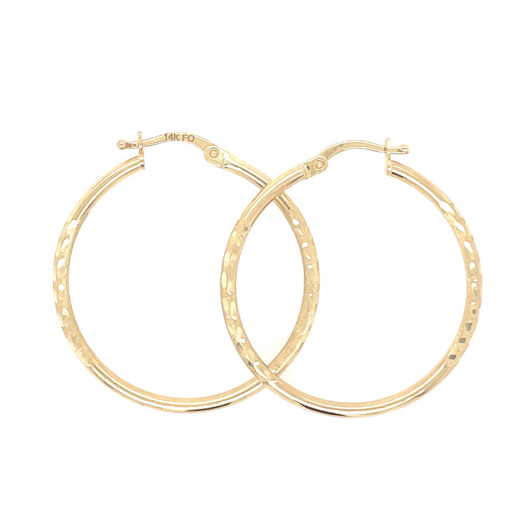 30033 14K YELLOW GOLD 1.25" SATIN FINISH AND DIAMOND CUT HOOPS
