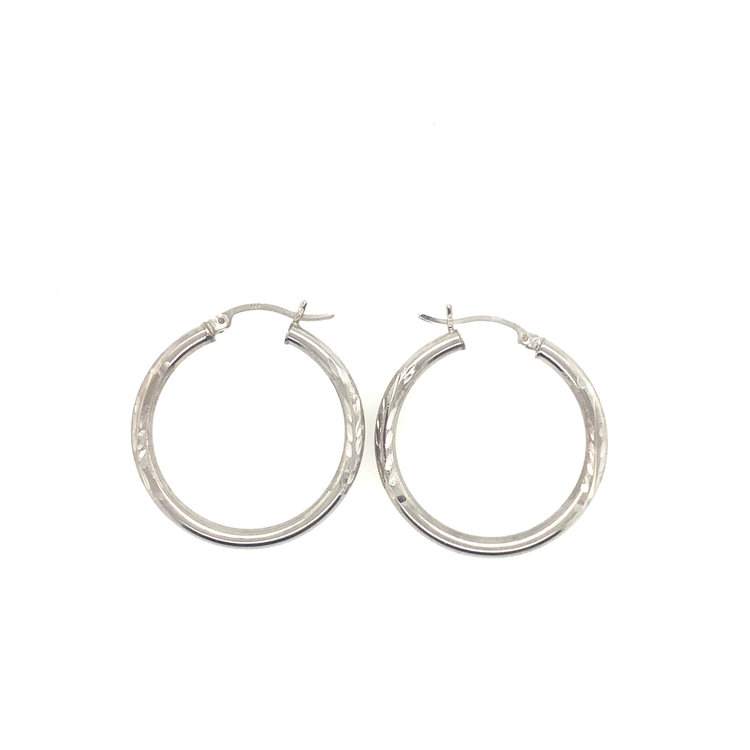30193 14K  WHITE GOLD 1.30" 3MM SATIN FINISH- DIAMOND CUT HOOPS
