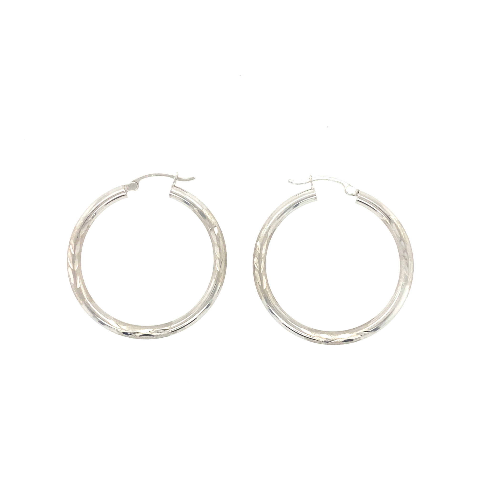 30284 14K 1.25'' WHITE GOLD DIAMOND CUT- SATIN FINISH HOOPS