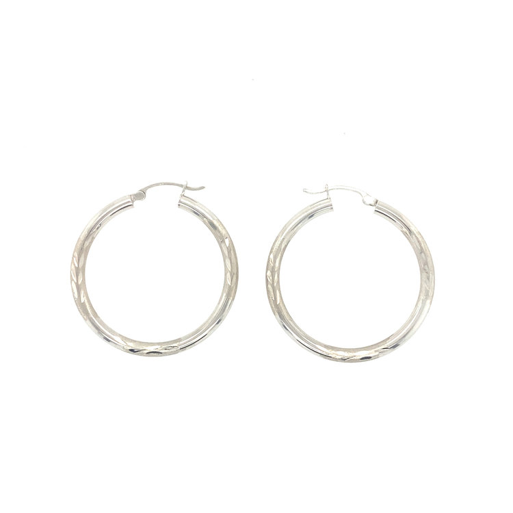 30284 14K  WHITE GOLD 1.50" 3MM  DIAMOND CUT- SATIN FINISH HOOPS