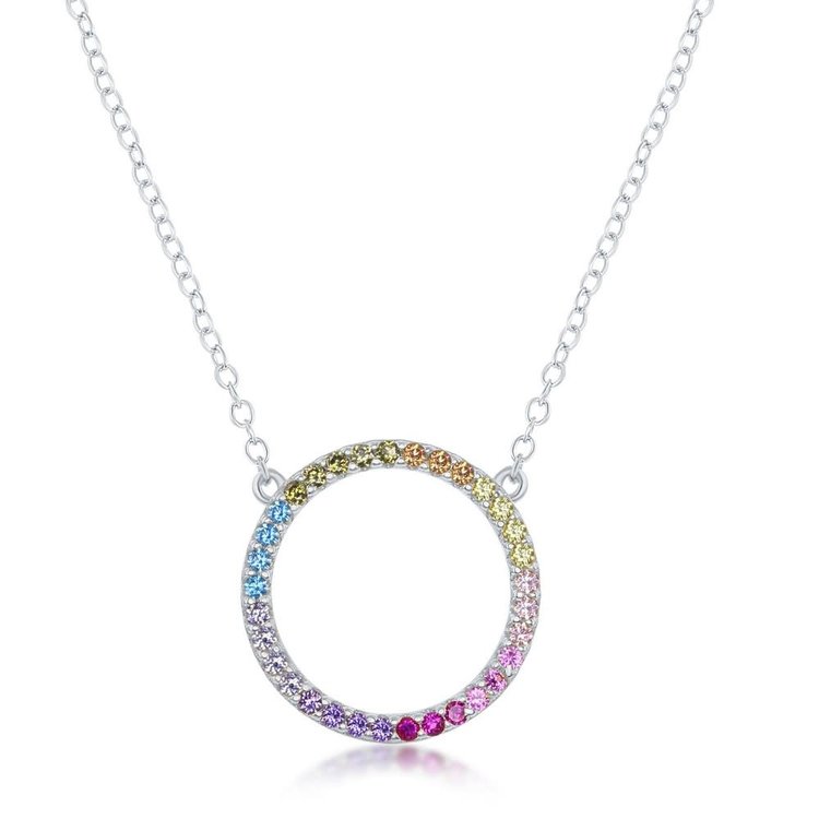 80945 CLASSIC STERLING SILVER RAINBOW CUBIC ZIRONIA CIRCLE OF LIFE 16" CABLE WITH 2" EXTENSION NECKLACE