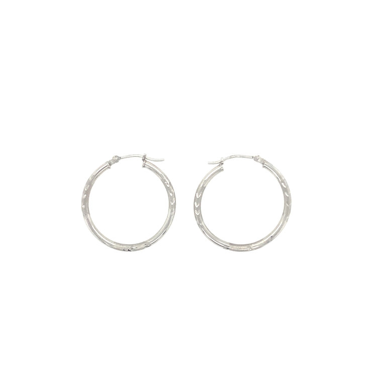 30794 14K WHITE GOLD 1" 2MM SATIN FINISH AND DIAMOND CUT HOOPS