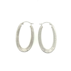 30747 14K  WHITE GOLD SPARKLING BRUSHED LONG OBLONG FLAT HOOPS
