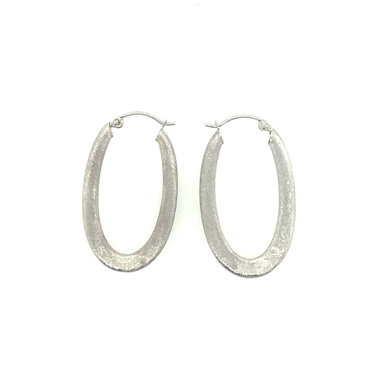 30747 14K  WHITE GOLD SPARKLING BRUSHED LONG OBLONG FLAT HOOPS