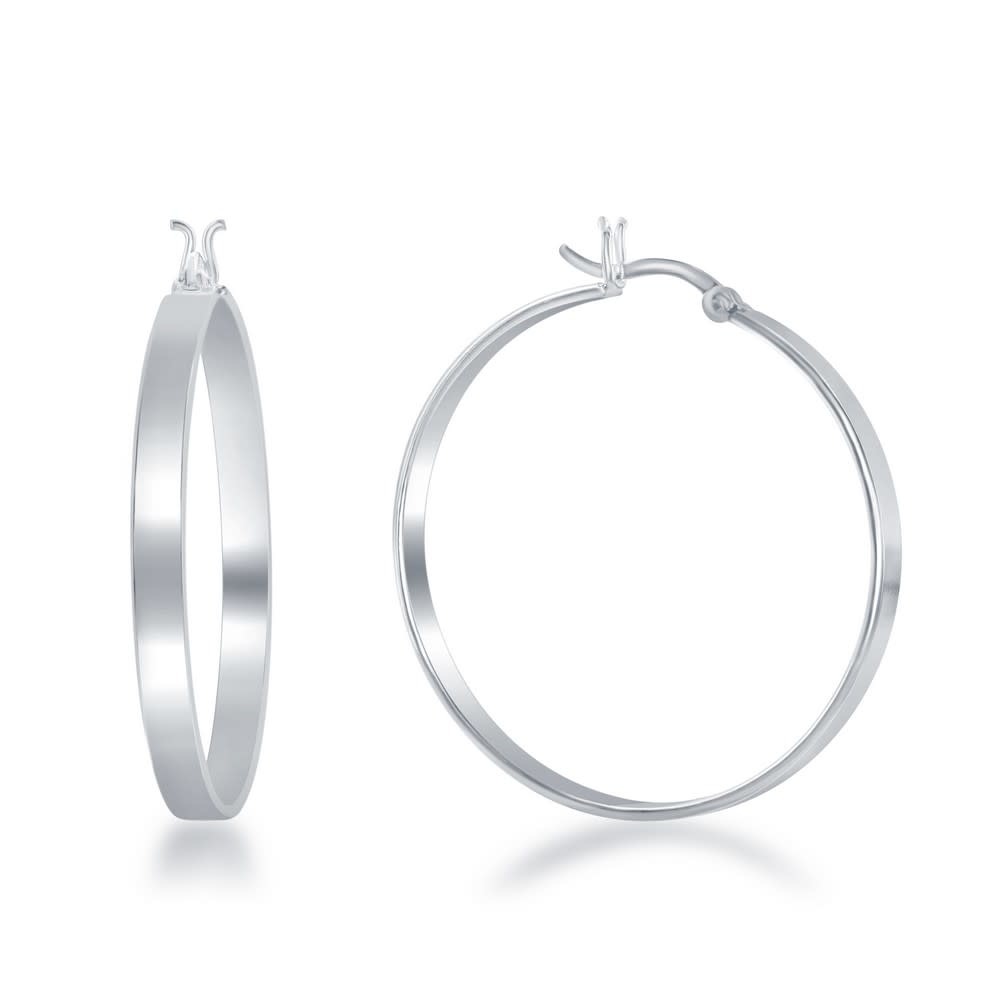 80902 STERLING SILVER 1.45" FLAT WIDE 3.45MM HIGH POLISH HOOPS