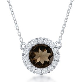 80917 CLASSIC STERLING SILVER CUBIC ZIRCONIA  ROUND SMOKEY TOPAZ HALO 16" CABLE WITH 2" EXTENSION PENDANT