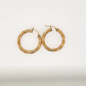 30230 14K YELLOW GOLD 1.25" DIAMOND CUT LEAF DESIGN SHARP CENTER  HOOPS