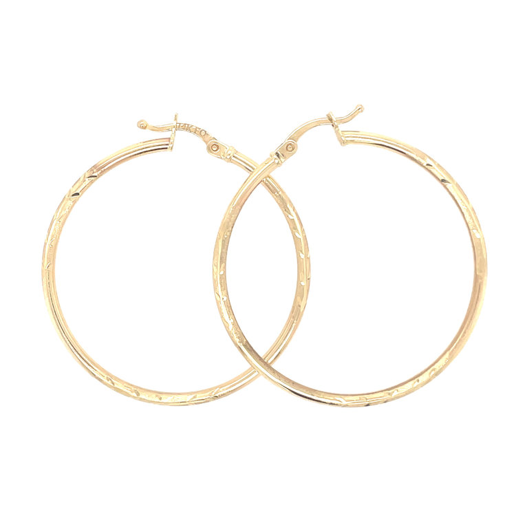 30036 14K YELLOW GOLD 1.5" 2MM SATIN FINISH AND DIAMOND CUT HOOPS