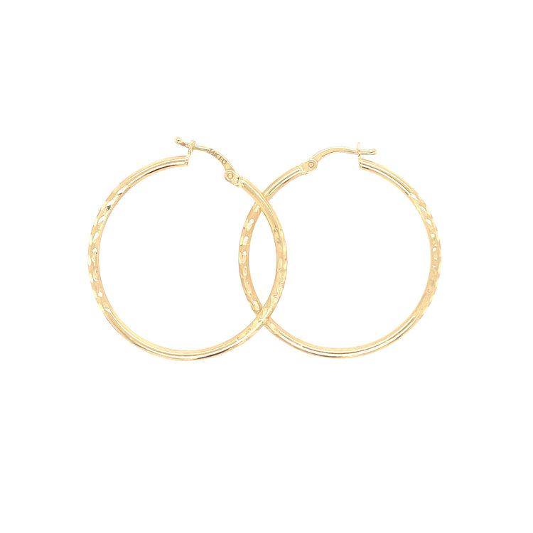 30035 14K YELLOW GOLD 1.3" SATIN FINISH AND DIAMOND CUT HOOPS