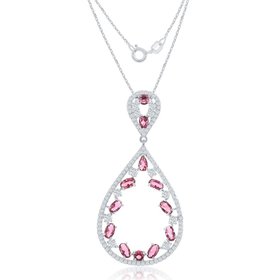 80877 CLASSIC STERLING SILVER OPEN TEARDROP WITH PINK SAPHIRE & WHITE CUBIC ZIRCONIA PENDANT WITH CABLE CHAIN